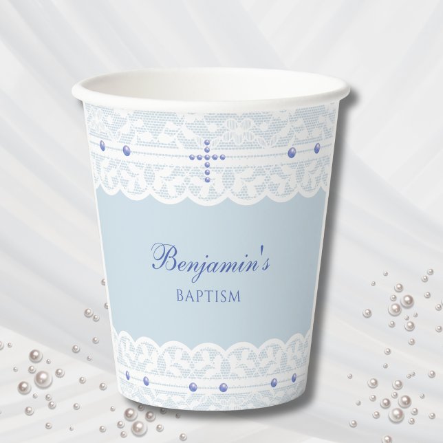 Dusty Blue Cross Christening Christian Baptism Paper Cups (Creator Uploaded)