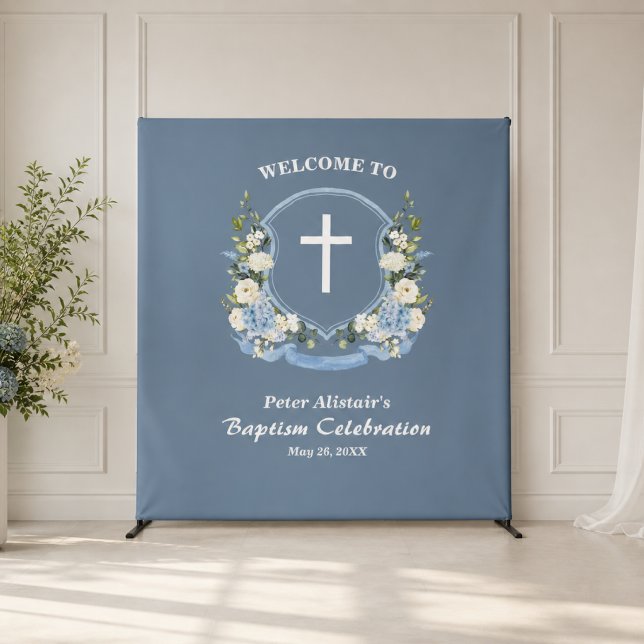 Dusty Blue Cross Floral Crest Baptism Backdrop Tapestry (Creator Uploaded)