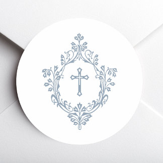 Dusty Blue Cross in Crest Vintage Religious White Classic Round Sticker