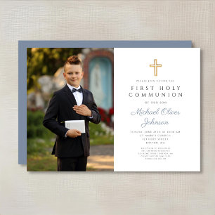 Dusty Blue Cross Photo Boy First Communion  Invitation