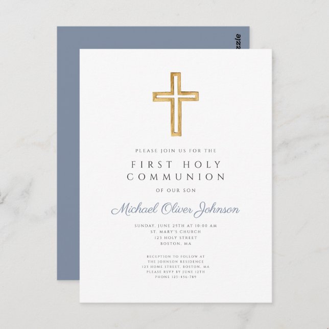 Dusty Blue Cross Religious Boy First Communion Postcard (Front/Back)