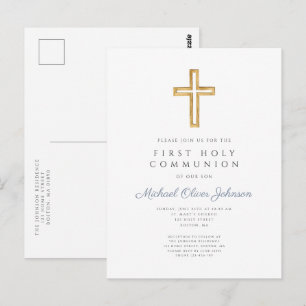Dusty Blue Cross Religious Boy First Communion Postcard