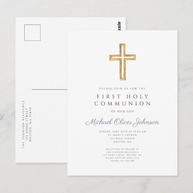 Dusty Blue Cross Religious Boy First Communion Postcard (Front/Back)