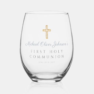 Dusty Blue Cross Religious Boy First Communion Stemless Wine Glass