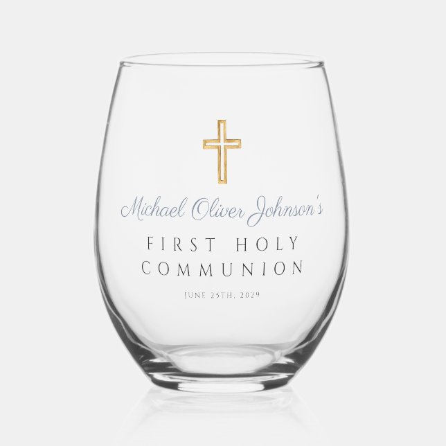 Dusty Blue Cross Religious Boy First Communion Stemless Wine Glass (Front)