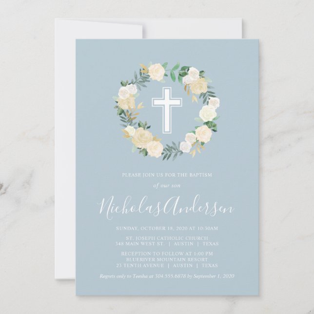 Dusty Blue Cross with Cream Florals, Boy Baptism Invitation (Front)