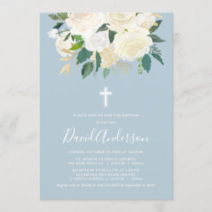 Dusty Blue Cross with Cream Florals, Boy Baptism Invitation