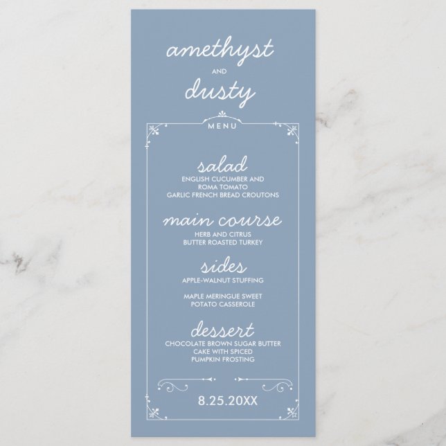 Dusty Blue Custom Colour Wedding Menu Cards (Front)