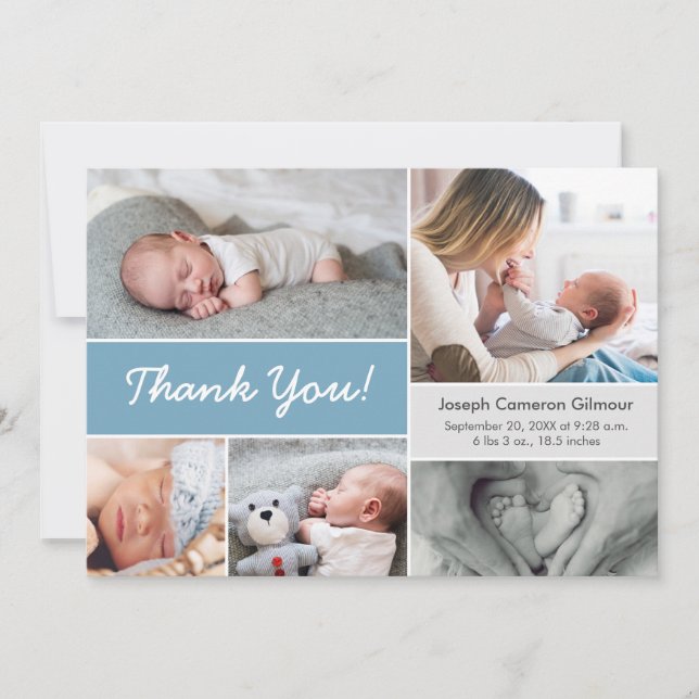 Dusty blue Custom Photo Collage Baby Boy Birth  Thank You Card (Front)