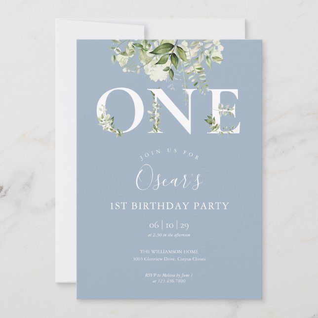 Dusty Blue Cute Floral Greenery 1st Birthday Invitation (Front)