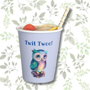 Dusty Blue Cute Owl Forest Woodland Animal Paper Cups