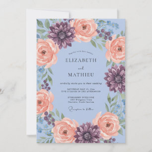 Dusty Blue Dahlia Romance Wedding Invitation