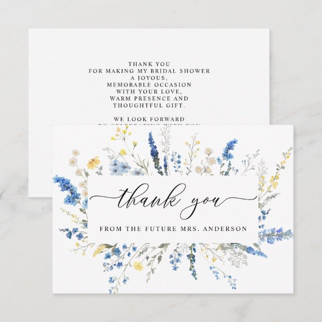 Dusty Blue Dainty Wild Flowers Boho Bridal Shower Thank You Card (Front/Back)