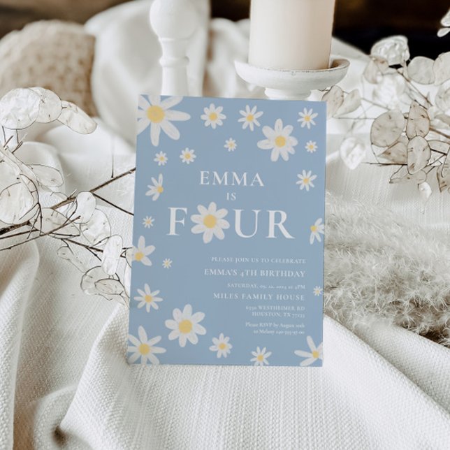 Dusty Blue Daisy Fourth 4th Four Birthday Invitation (Creator Uploaded)