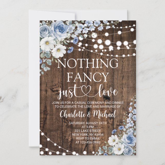 Dusty Blue Daisy Nothing Fancy Just Love Wedding Invitation (Front)