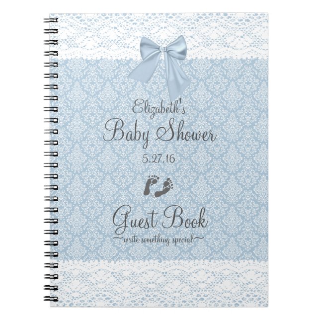 Dusty Blue Damask and Lace Baby Shower Guest Book- Notebook (Front)