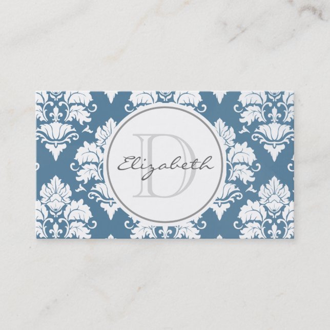 Dusty Blue Damask Monogram Appointment Card (Front)