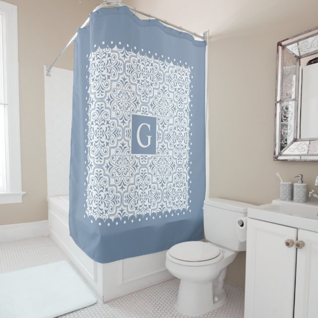Dusty blue damask, scalloped borders and monogram shower curtain (In Situ)
