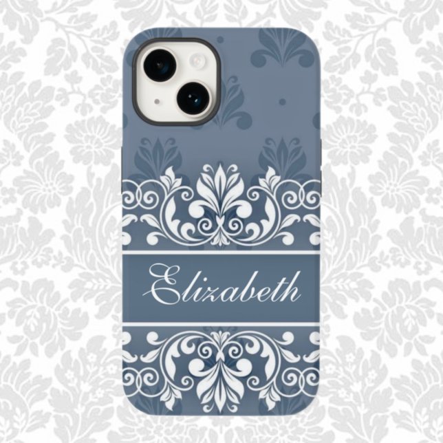 Dusty blue Damask swirl name Case-Mate iPhone Case (Creator Uploaded)
