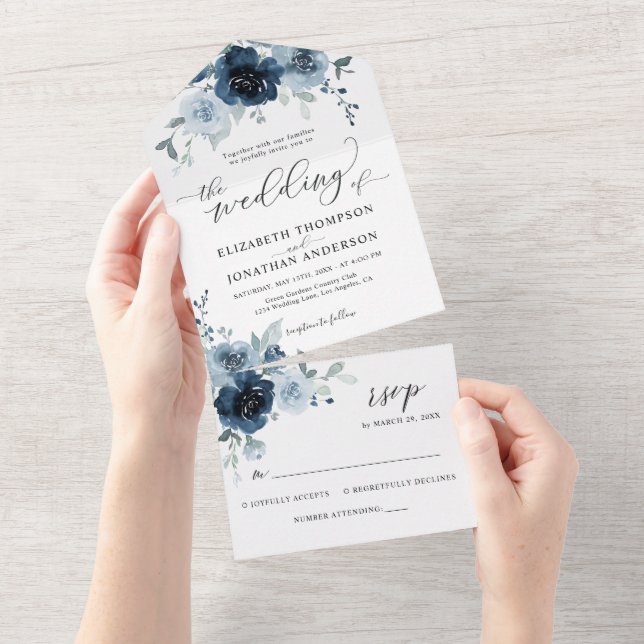 Dusty Blue Dark Navy Floral Wedding Details RSVP All In One Invitation (Tearaway)