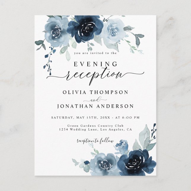 Dusty Blue Dark Navy Floral Wedding Invitation Postcard (Front)