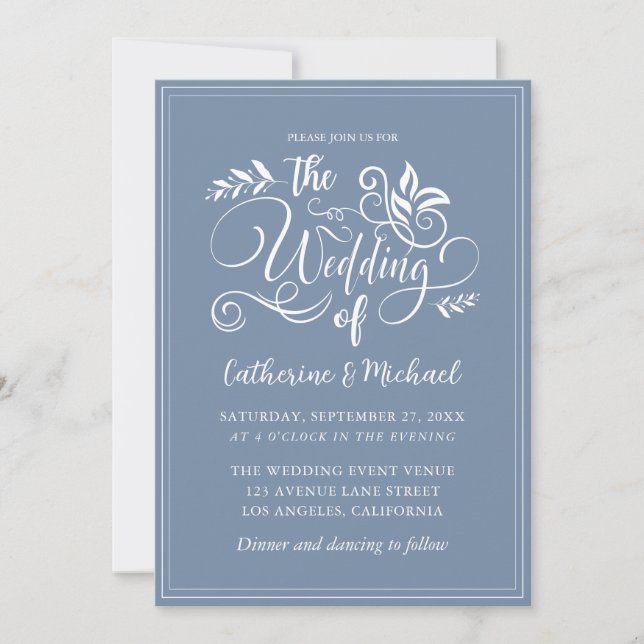 Dusty Blue Decorative Wedding Calligraphy  Invitation (Front)
