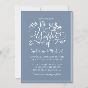 Dusty Blue Decorative Wedding Calligraphy  Invitation