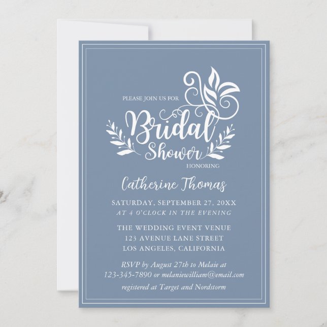 Dusty Blue Decorative Wedding Calligraphy  Invitation (Front)