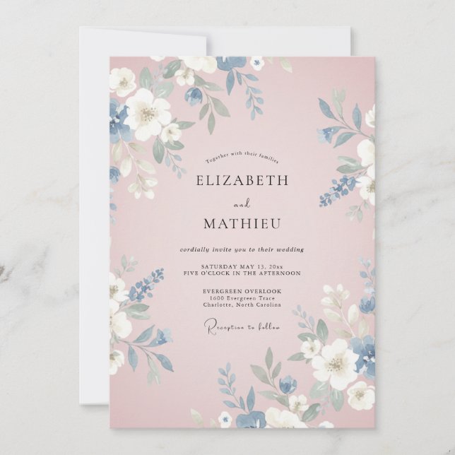 Dusty Blue Delicate Flourish Wedding Invitation (Front)
