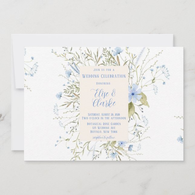  Dusty Blue Delicate Wildflower Wedding Invitation (Front)