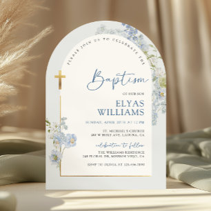 Dusty Blue Delphinium Floral Arched Boy Baptism Invitation
