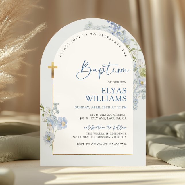 Dusty Blue Delphinium Floral Arched Boy Baptism Invitation (Creator Uploaded)