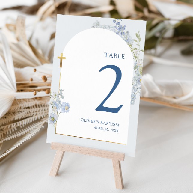 Dusty Blue Delphinium Floral Arched Boy Baptism Table Number (Creator Uploaded)