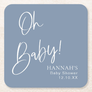 Dusty Blue / Denim Blue Oh Baby Shower  Square Paper Coaster