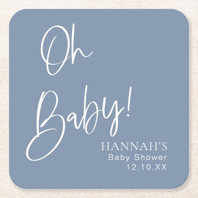 Dusty Blue / Denim Blue Oh Baby Shower  Square Paper Coaster (Front)