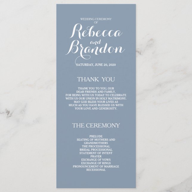 Dusty Blue Designer Script Custom Wedding Program Programme (Front)