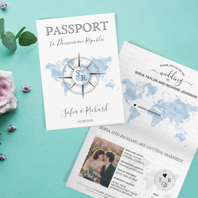 Dusty Blue Destination Wedding World Map Passport Invitation (Creator Uploaded)