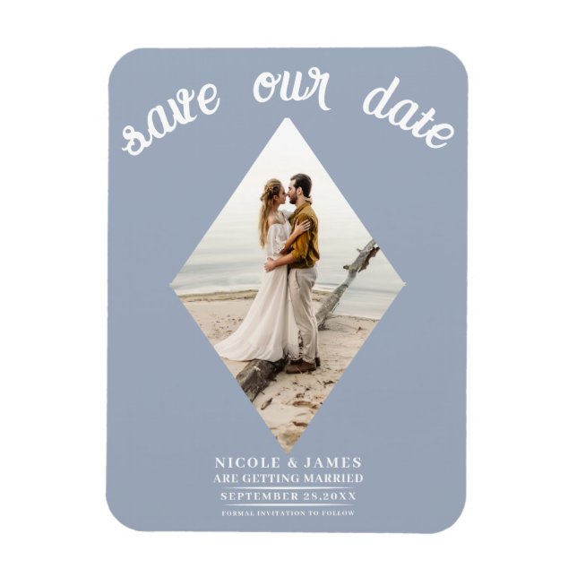 Dusty Blue Diamond Photo Wedding Save the Date Magnet (Vertical)