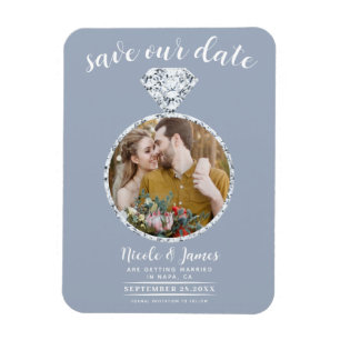 Dusty Blue Diamond Ring Bling Photo Save the Date Magnet