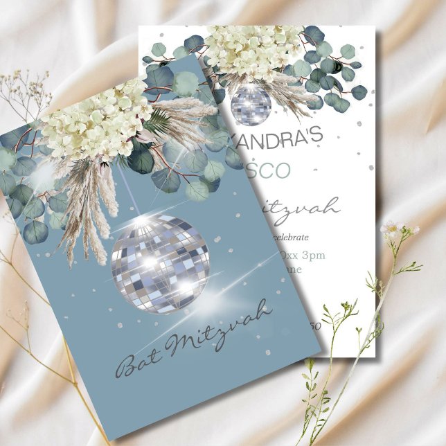 Dusty Blue Disco Ball Floral Bat Mitzvah Invitation (Creator Uploaded)