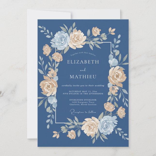 Dusty Blue Divine Floral Wedding Invitation (Front)