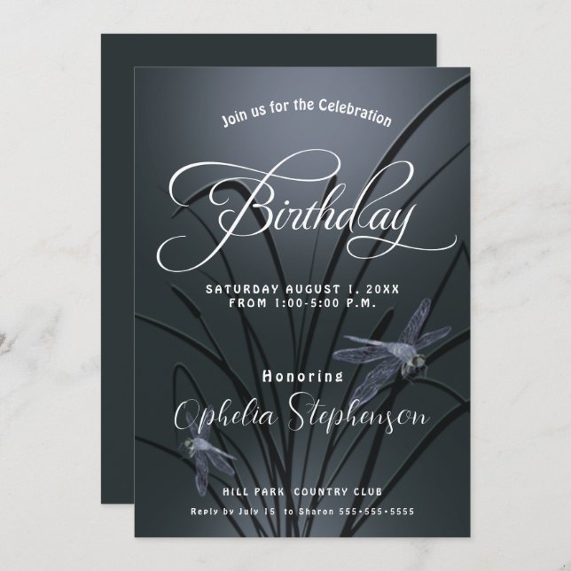 Dusty Blue Dragonfly Birthday Invitation (Front/Back)