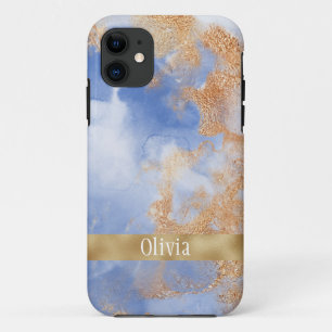 Dusty Blue Dream Script Gold Watercolor iPhone 11 Case
