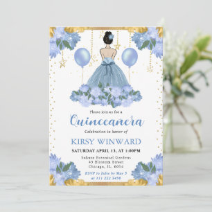 Dusty Blue Dress Brunette Princess Quinceanera Invitation