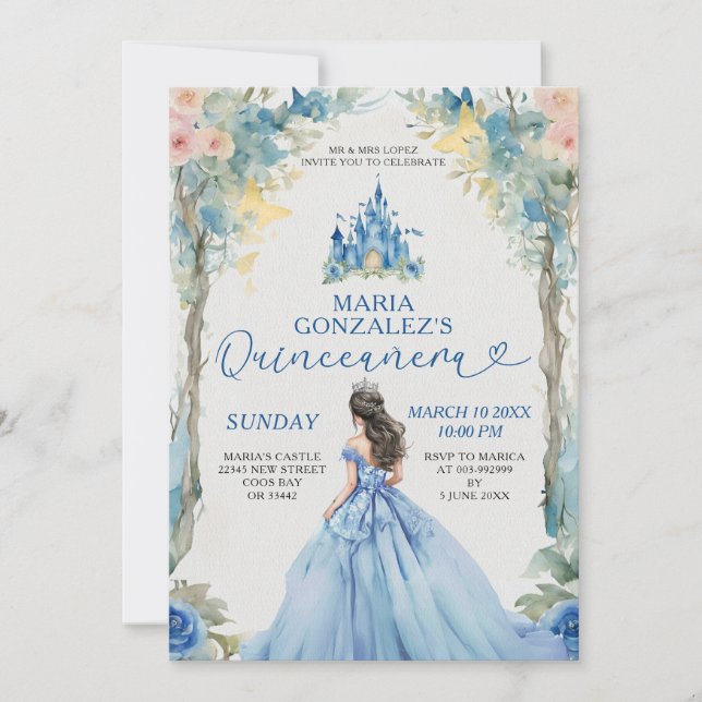Dusty Blue Dress Castle Pink Floral Quinceañera Invitation (Front)