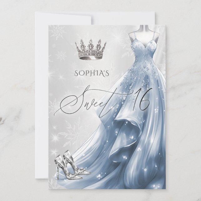 Dusty Blue Dress Snowflakes Winter Sweet 16 Invitation (Front)