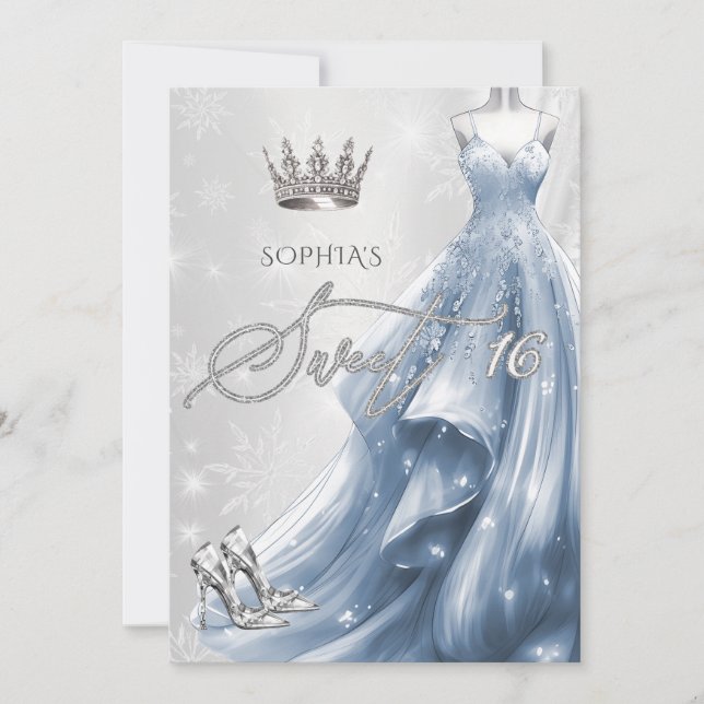 Dusty Blue Dress Snowflakes Winter Sweet 16 Invitation (Front)