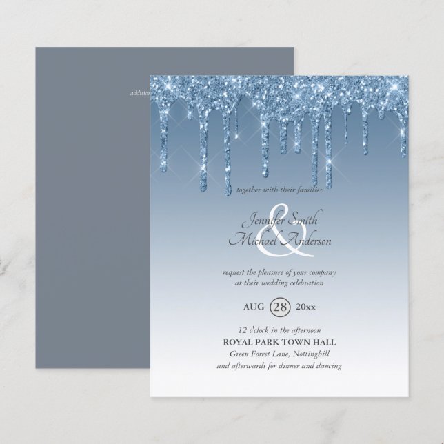 Dusty Blue dripping Glitter Wedding Invite (Front/Back)