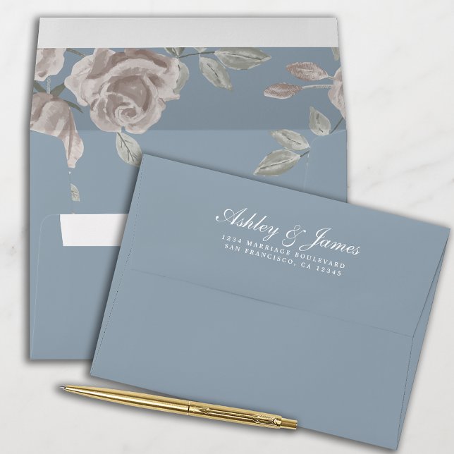 Dusty Blue Dusty Rose Floral Lined Wedding Envelope (Creator Uploaded)