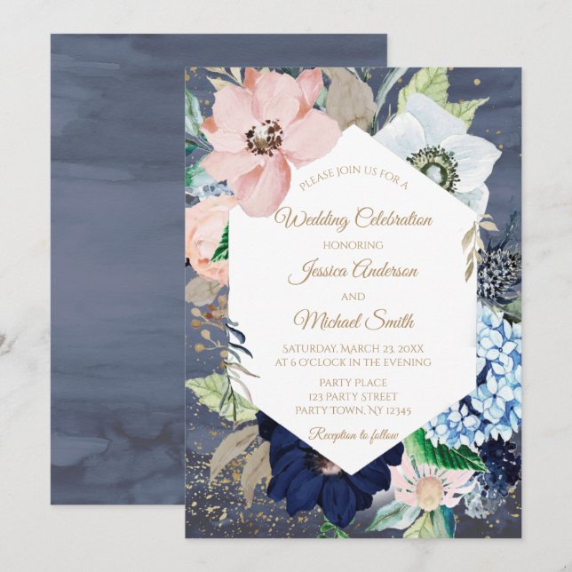 Dusty Blue Dusty Rose Gold Floral Wedding Card (Front/Back)